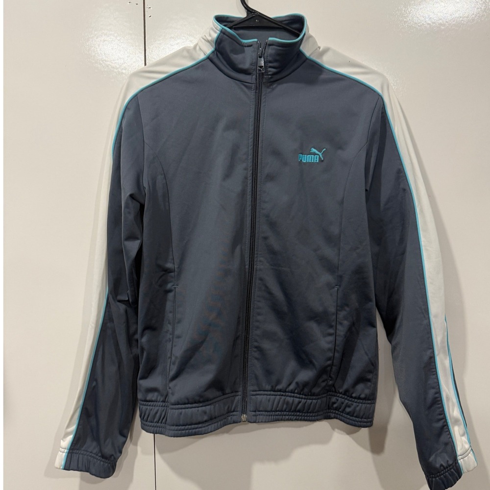 Puma Womens Gray Teal White Colorblock Track Jacket Full Zip Size M